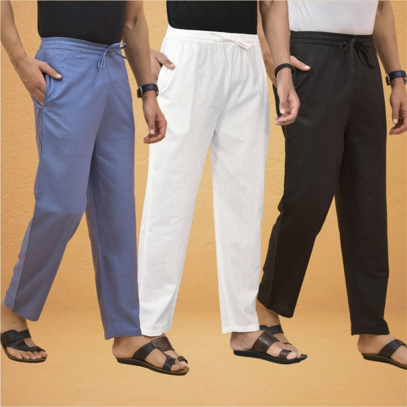 Combo of 3 Men Solid Cotton Flex Pant White Black and Sky Blue-15596