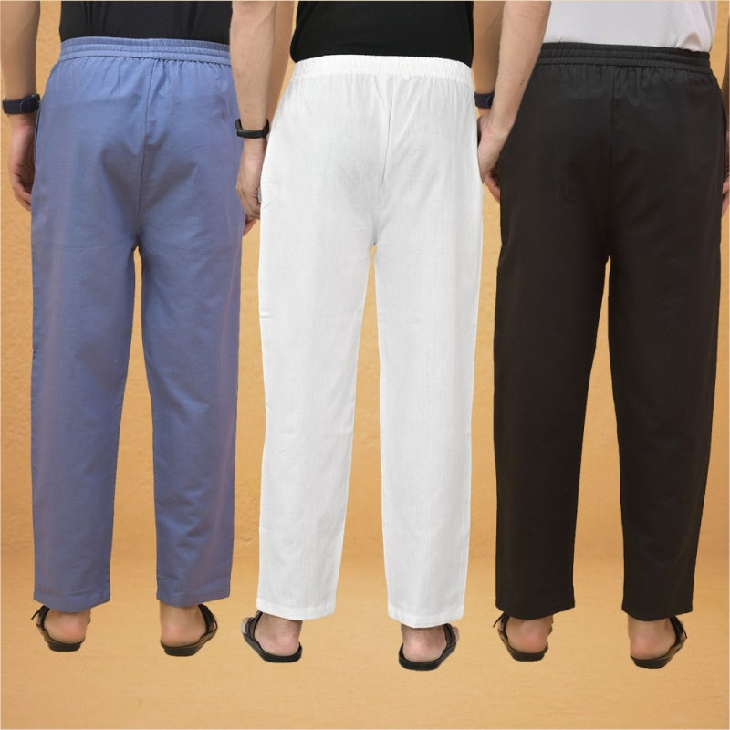 Combo of 3 Men Solid Cotton Flex Pant White Black and Sky Blue-15596
