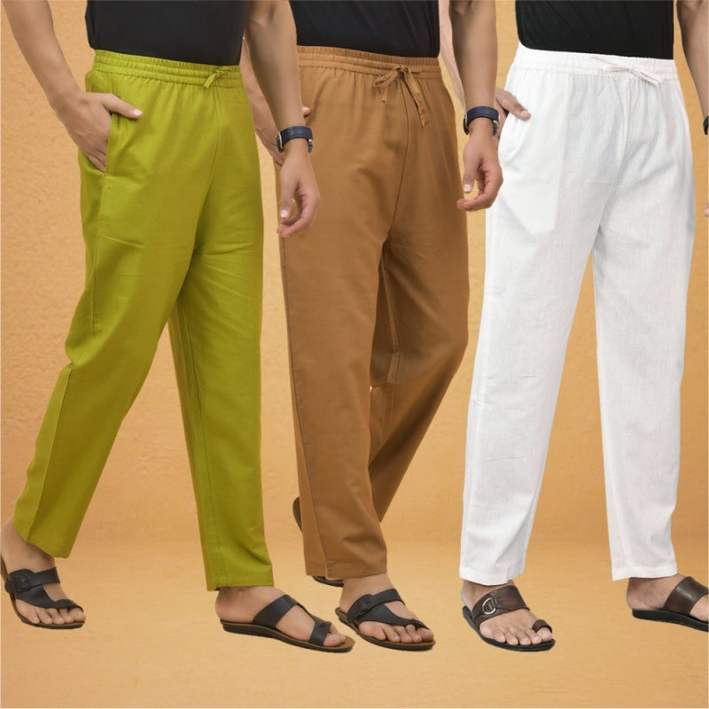 Combo of 3 Men Solid Cotton Flex Pant White Brown and Olive Green-15542