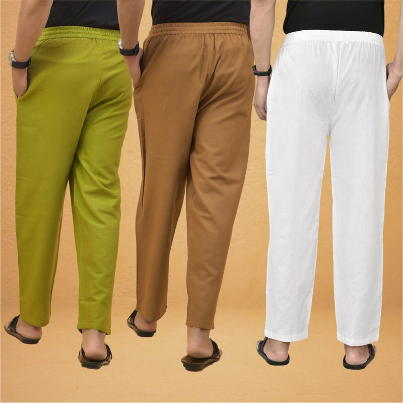 Combo of 3 Men Solid Cotton Flex Pant White Brown and Olive Green-15542