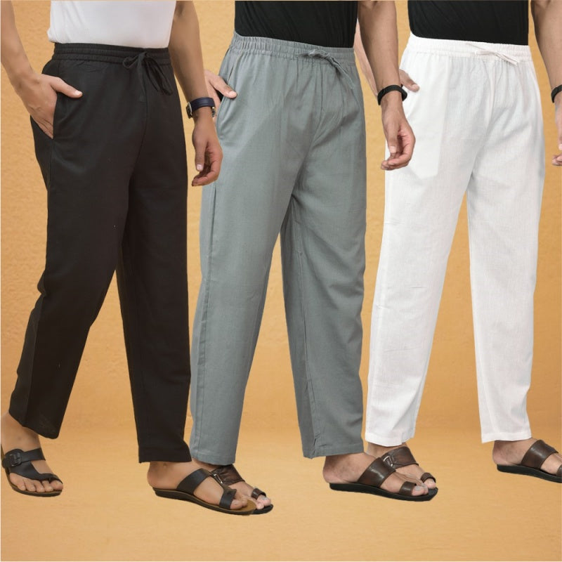 Combo of 3 Men Solid Cotton Flex Pant White Gray and Black-15617