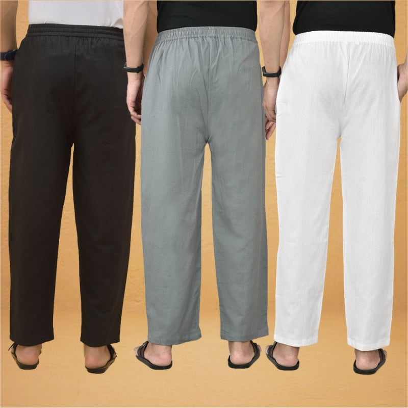Combo of 3 Men Solid Cotton Flex Pant White Gray and Black-15617