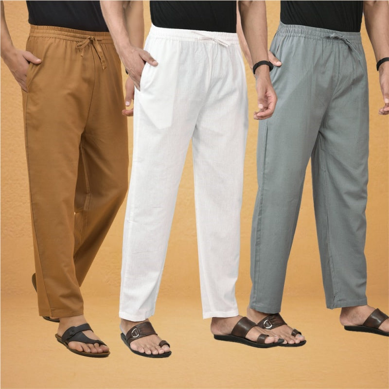 Combo of 3 Men Solid Cotton Flex Pant White Gray and Brown-15583