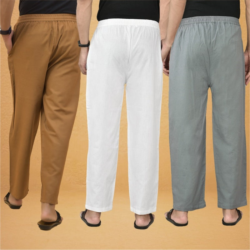 Combo of 3 Men Solid Cotton Flex Pant White Gray and Brown-15583