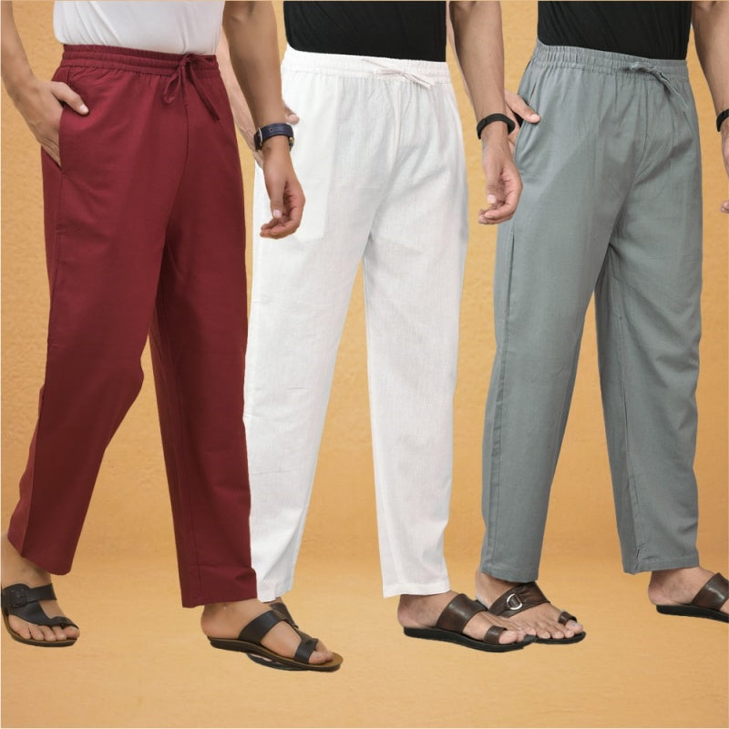Combo of 3 Men Solid Cotton Flex Pant White Gray and Maroon-15614