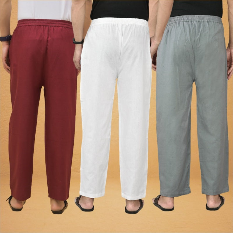 Combo of 3 Men Solid Cotton Flex Pant White Gray and Maroon-15614