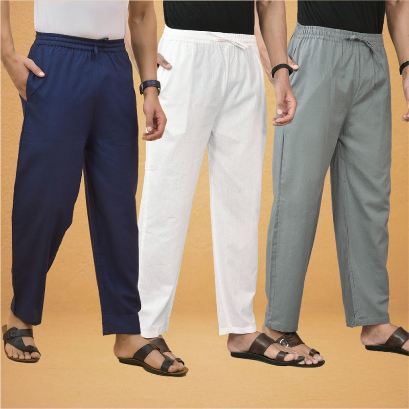 Combo of 3 Men Solid Cotton Flex Pant White Gray and Navy Blue-15608