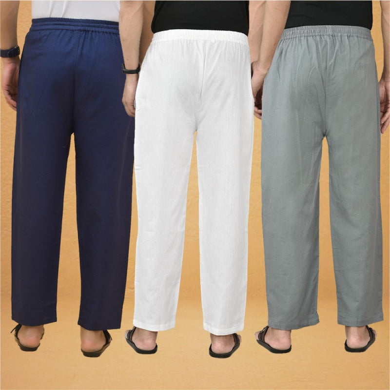 Combo of 3 Men Solid Cotton Flex Pant White Gray and Navy Blue-15608