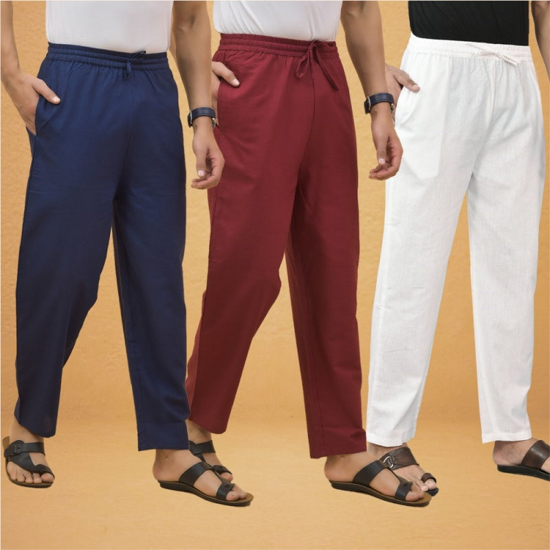 Combo of 3 Men Solid Cotton Flex Pant White Maroon and Navy Blue-15603