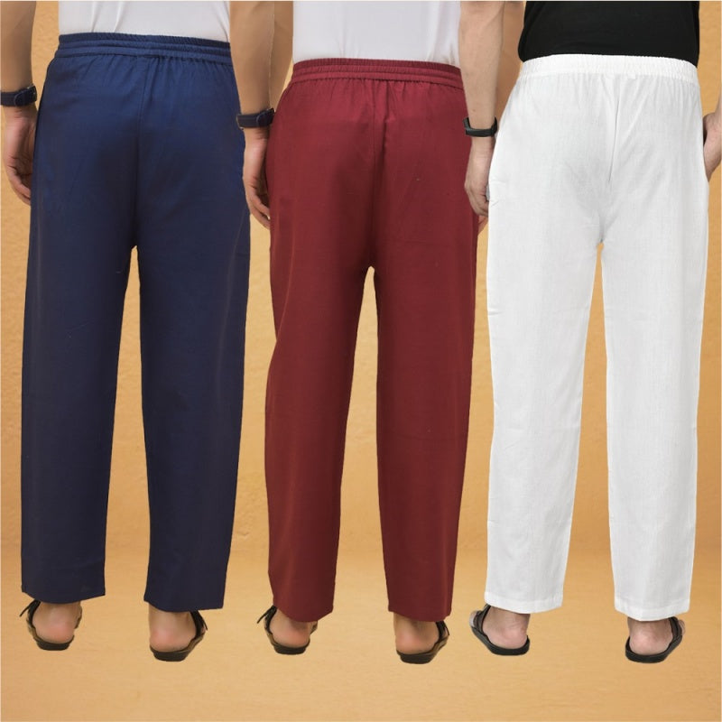 Combo of 3 Men Solid Cotton Flex Pant White Maroon and Navy Blue-15603