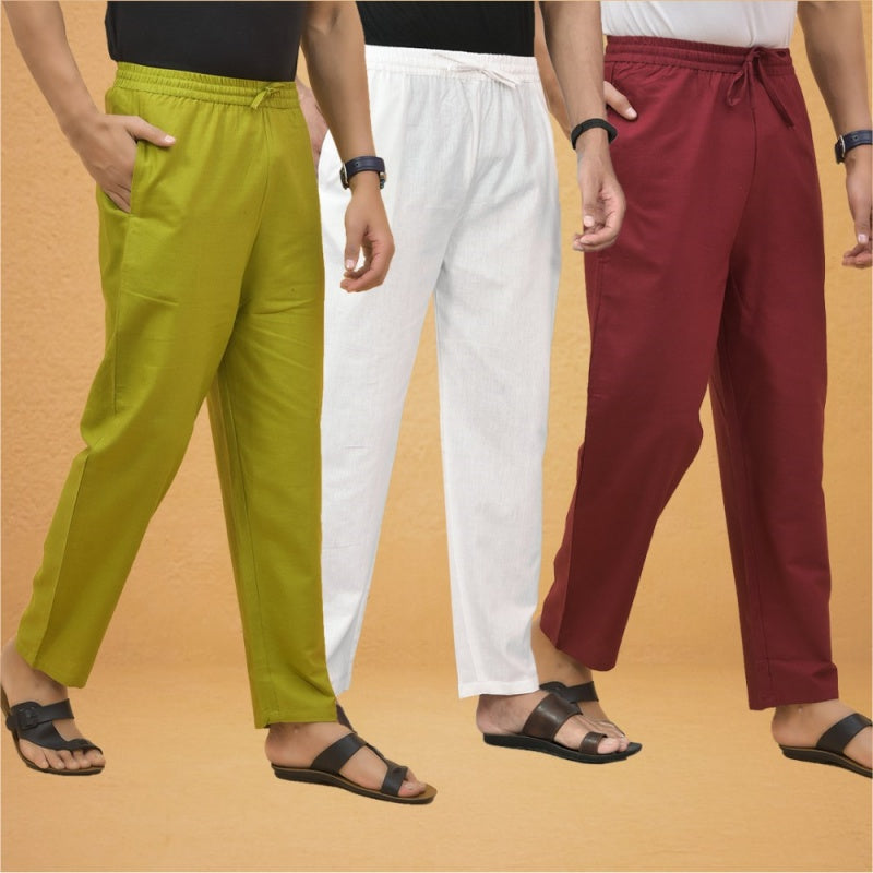Combo of 3 Men Solid Cotton Flex Pant White Maroon and Olive Green-15557
