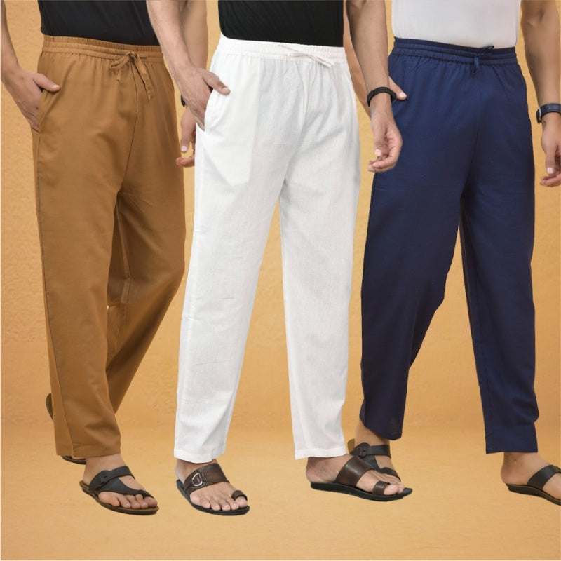 Combo of 3 Men Solid Cotton Flex Pant White Navy Blue and Brown-15574