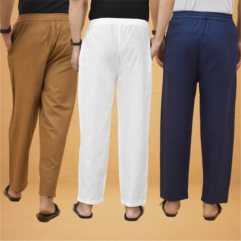 Combo of 3 Men Solid Cotton Flex Pant White Navy Blue and Brown-15574