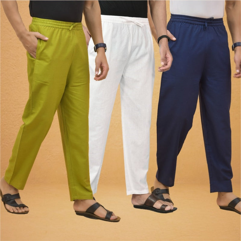 Combo of 3 Men Solid Cotton Flex Pant White Navy Blue and Olive Green-15553