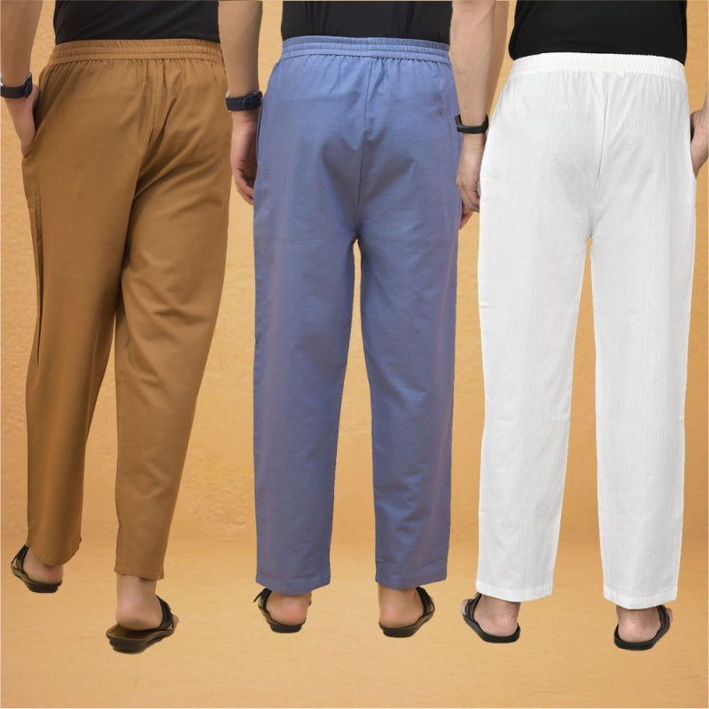 Combo of 3 Men Solid Cotton Flex Pant White Sky Blue and Brown-15569