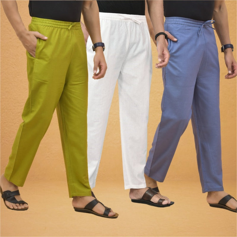 Combo of 3 Men Solid Cotton Flex Pant White Sky Blue and Olive Green-15548