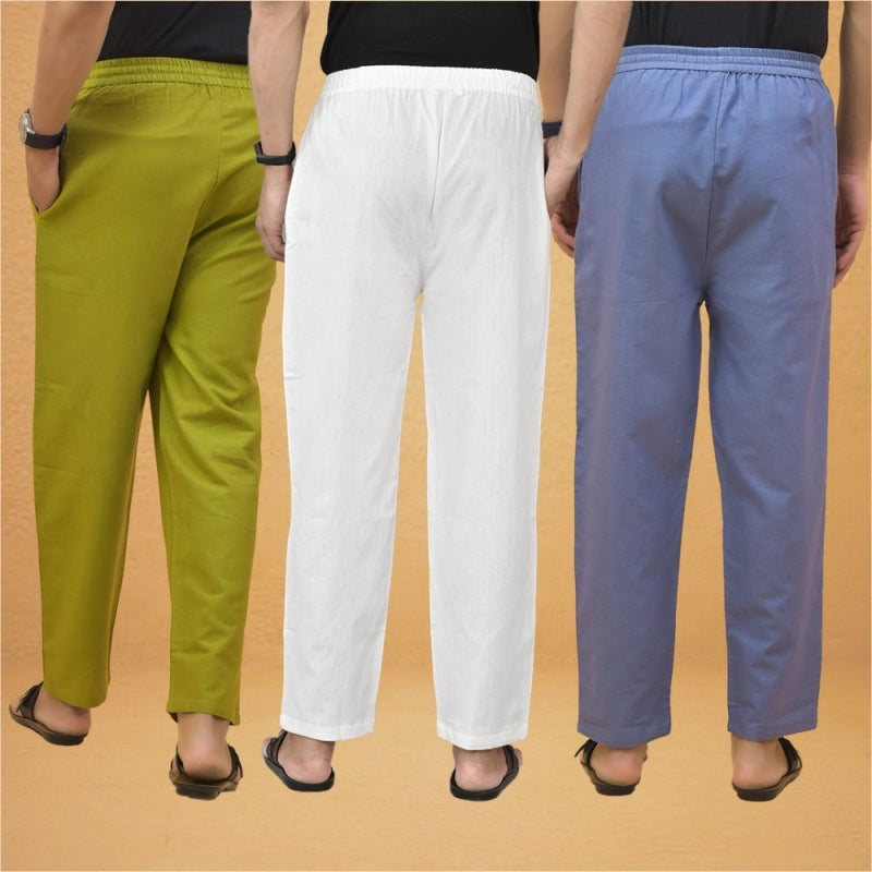 Combo of 3 Men Solid Cotton Flex Pant White Sky Blue and Olive Green-15548