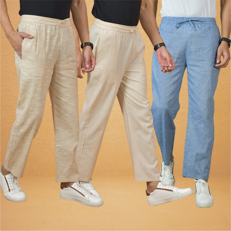 Combo of 3 Men Solid Cotton Handloom Pant Denim Cream and Beige-15623