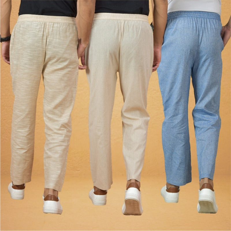 Combo of 3 Men Solid Cotton Handloom Pant Denim Cream and Beige-15623