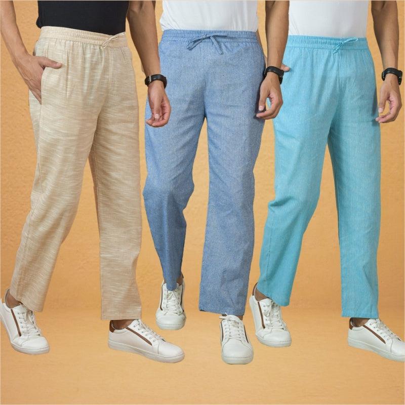 Combo of 3 Men Solid Cotton Handloom Pant Denim Sky Blue and Beige-15628