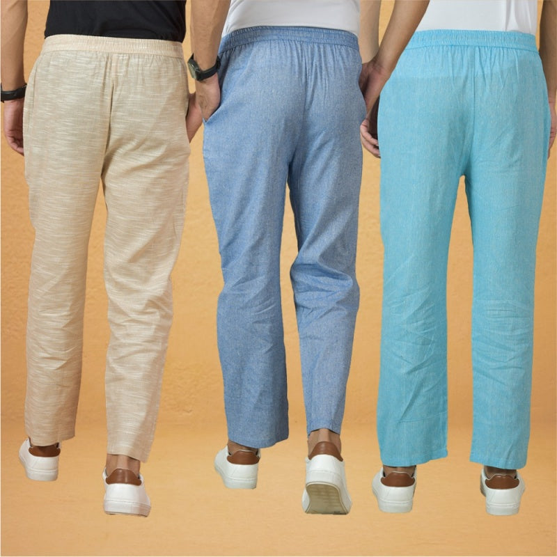Combo of 3 Men Solid Cotton Handloom Pant Denim Sky Blue and Beige-15628