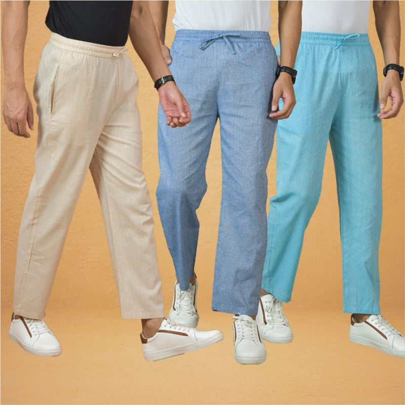 Combo of 3 Men Solid Cotton Handloom Pant Denim Sky Blue and Cream-15634
