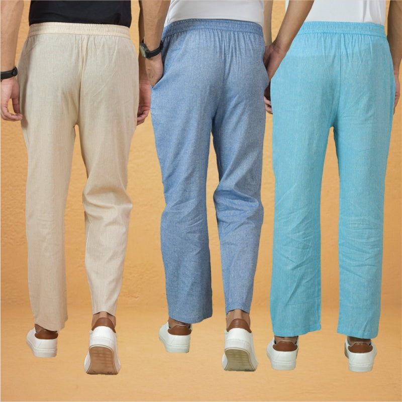 Combo of 3 Men Solid Cotton Handloom Pant Denim Sky Blue and Cream-15634