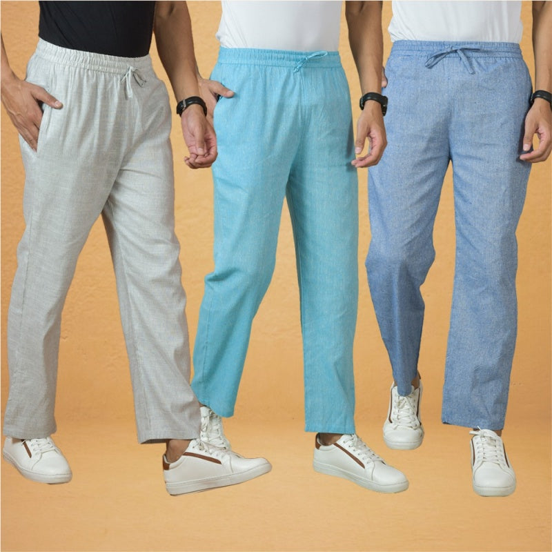Combo of 3 Men Solid Cotton Handloom Pant Denim Sky Blue and White-15637