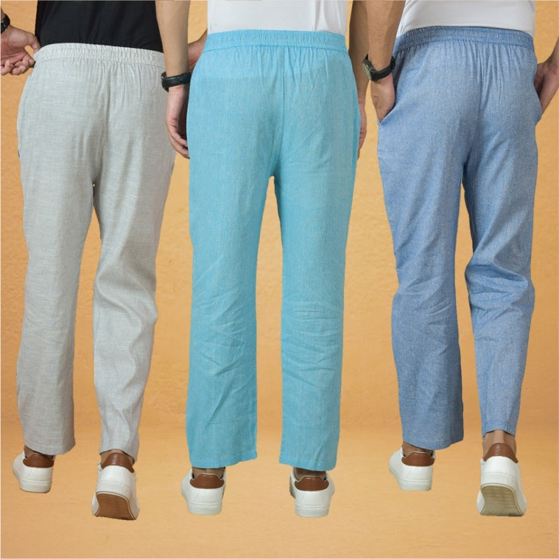 Combo of 3 Men Solid Cotton Handloom Pant Denim Sky Blue and White-15637