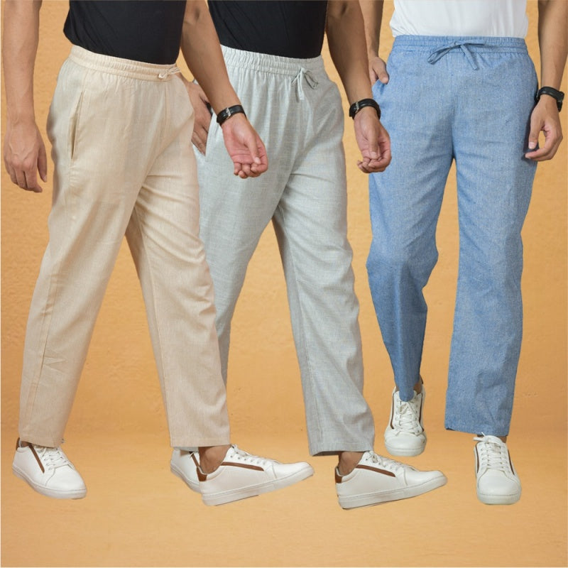 Combo of 3 Men Solid Cotton Handloom Pant Denim White and Cream-15632