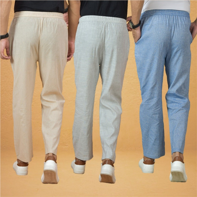 Combo of 3 Men Solid Cotton Handloom Pant Denim White and Cream-15632