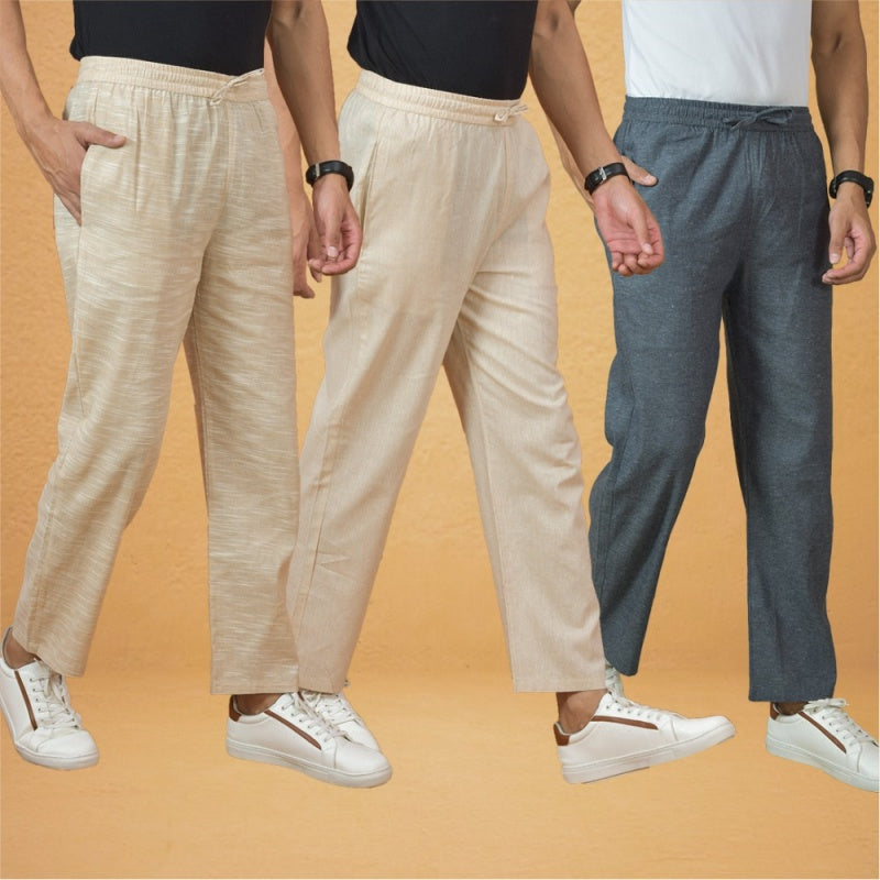 Combo of 3 Men Solid Cotton Handloom Pant Gray Cream and Beige-15624