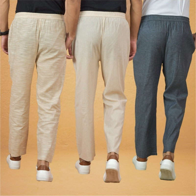 Combo of 3 Men Solid Cotton Handloom Pant Gray Cream and Beige-15624