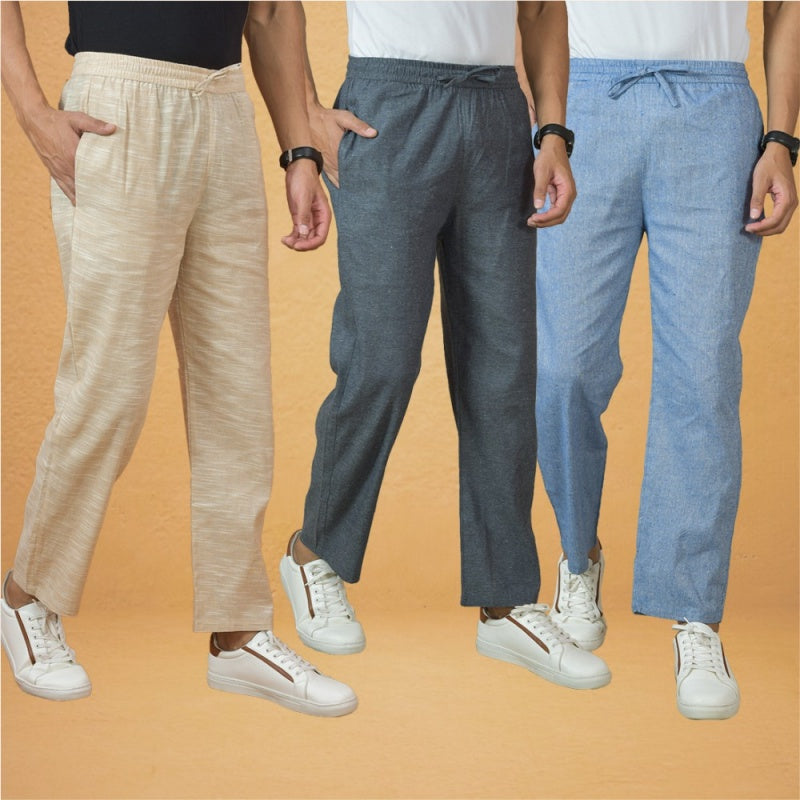 Combo of 3 Men Solid Cotton Handloom Pant Gray Denim and Beige-15630