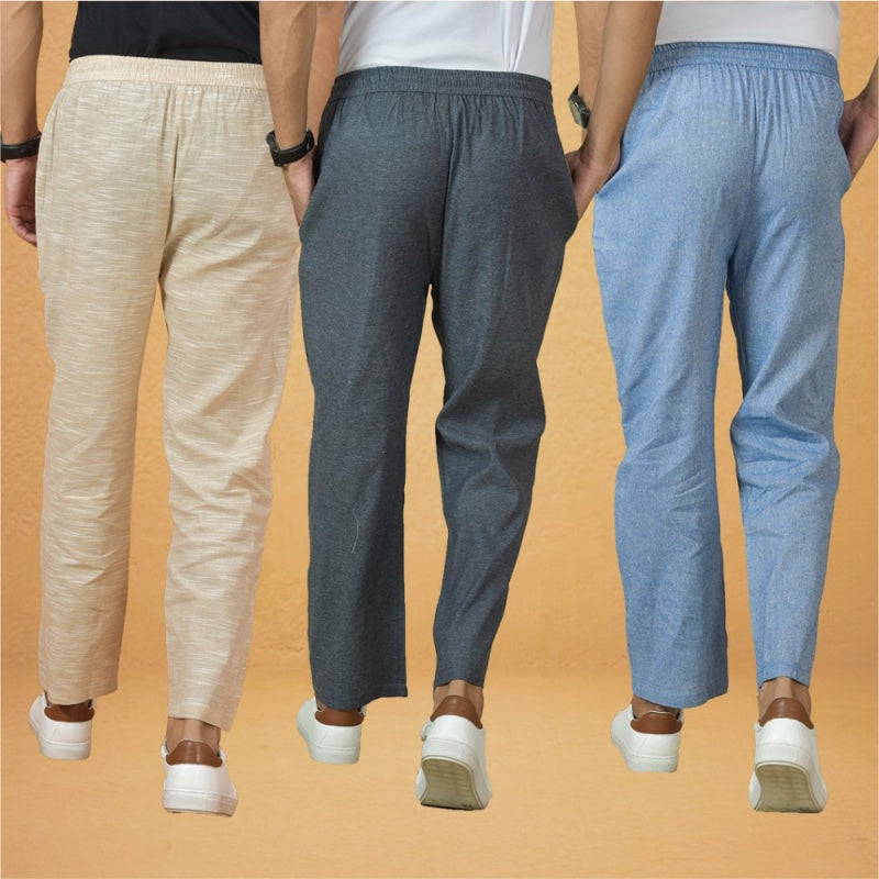 Combo of 3 Men Solid Cotton Handloom Pant Gray Denim and Beige-15630
