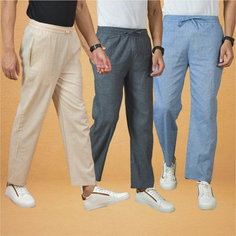 Combo of 3 Men Solid Cotton Handloom Pant Gray Denim and Cream-15636