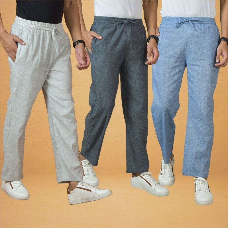 Combo of 3 Men Solid Cotton Handloom Pant Gray Denim and White-15639