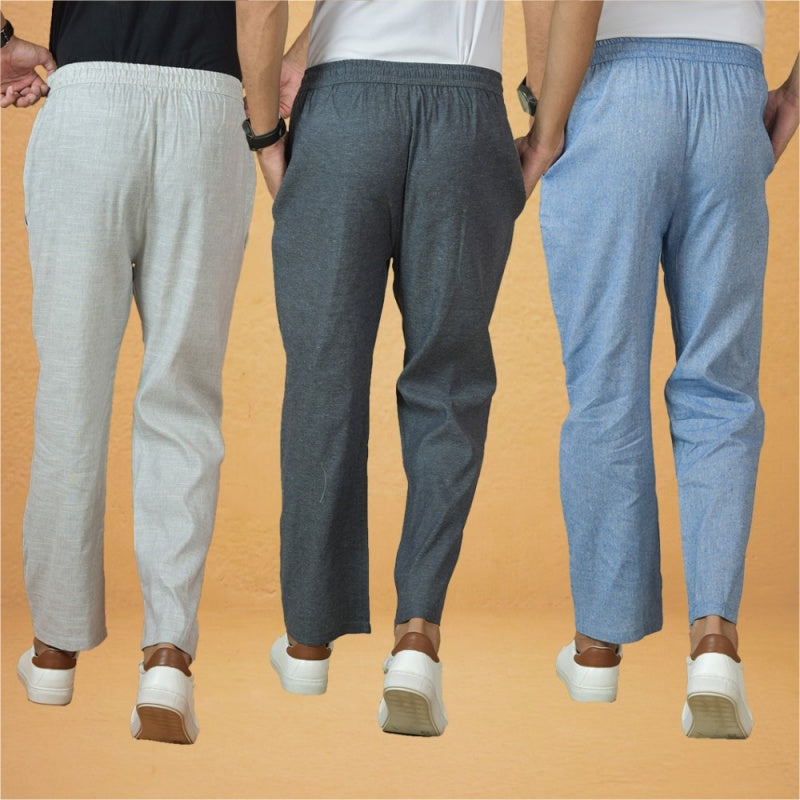 Combo of 3 Men Solid Cotton Handloom Pant Gray Denim and White-15639