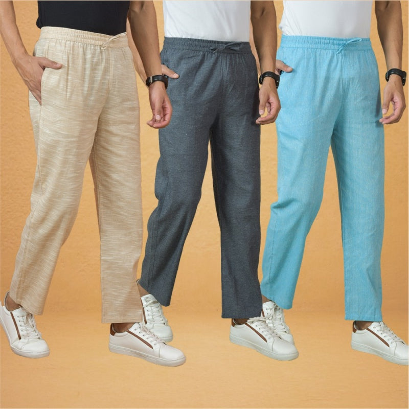 Combo of 3 Men Solid Cotton Handloom Pant Gray Sky Blue and Beige-15629