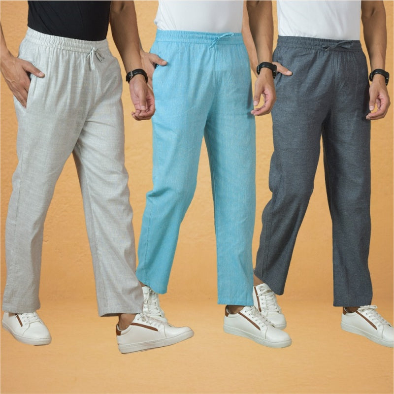 Combo of 3 Men Solid Cotton Handloom Pant Gray Sky Blue and White-15638