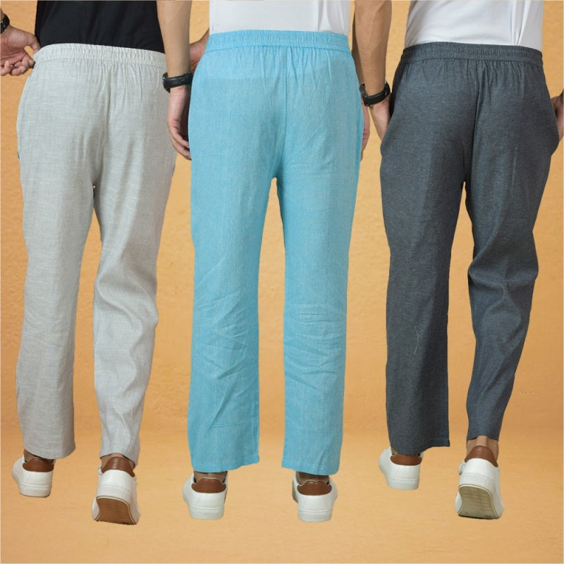 Combo of 3 Men Solid Cotton Handloom Pant Gray Sky Blue and White-15638