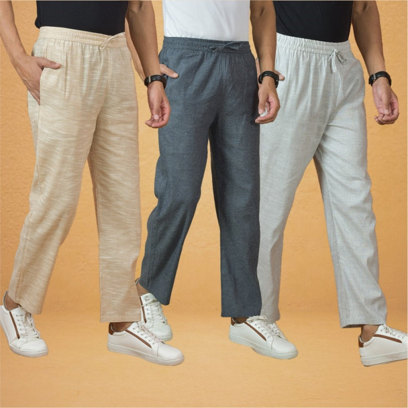 Combo of 3 Men Solid Cotton Handloom Pant Gray White and Beige-15627