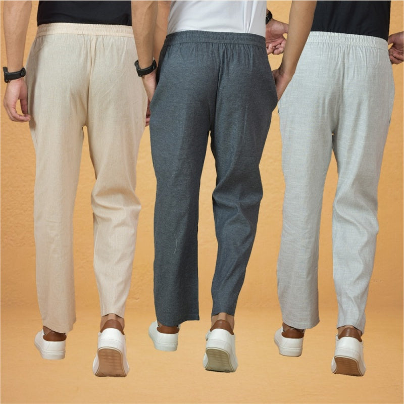 Combo of 3 Men Solid Cotton Handloom Pant Gray White and Beige-15627