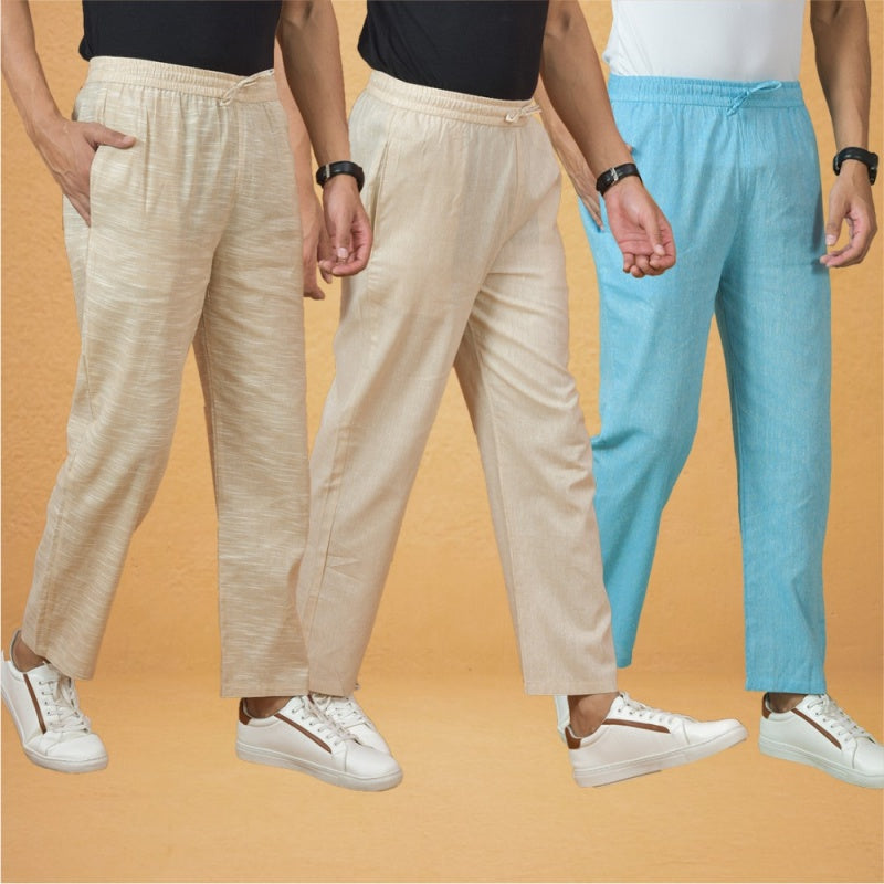 Combo of 3 Men Solid Cotton Handloom Pant Sky Blue Cream and Beige-15622