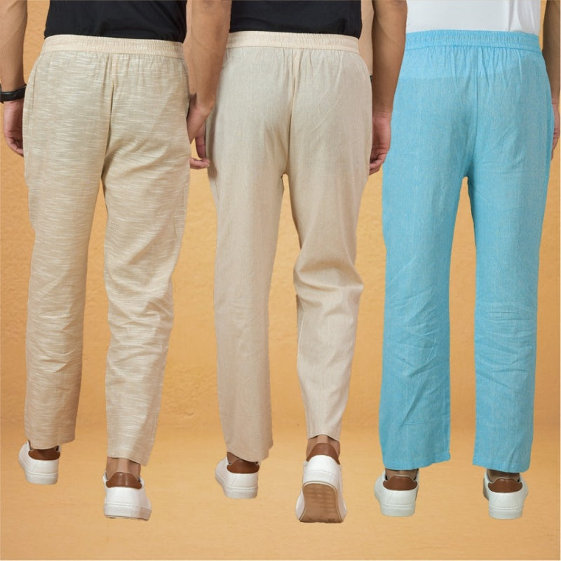 Combo of 3 Men Solid Cotton Handloom Pant Sky Blue Cream and Beige-15622