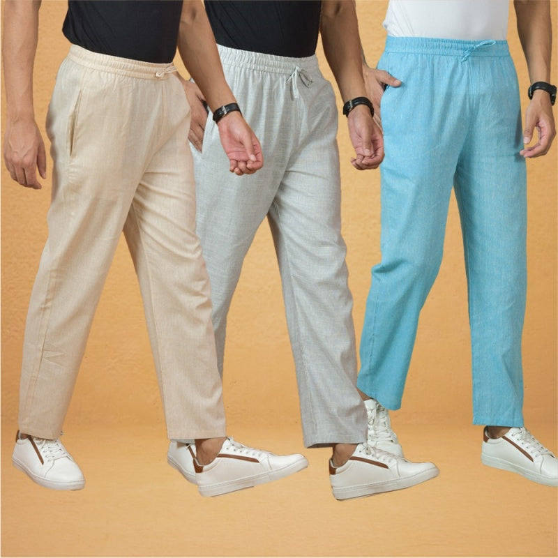 Combo of 3 Men Solid Cotton Handloom Pant Sky Blue White and Cream-15631