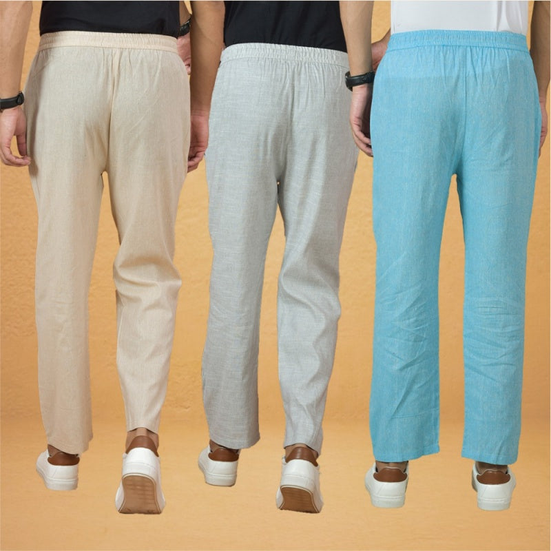 Combo of 3 Men Solid Cotton Handloom Pant Sky Blue White and Cream-15631
