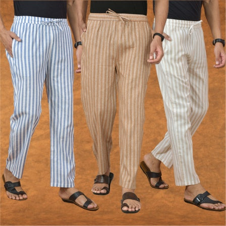 COMBO OF 3 MEN STRIPE COTTON HANDLOOM PANT BEIGE BEIGE AND BLUE-15217