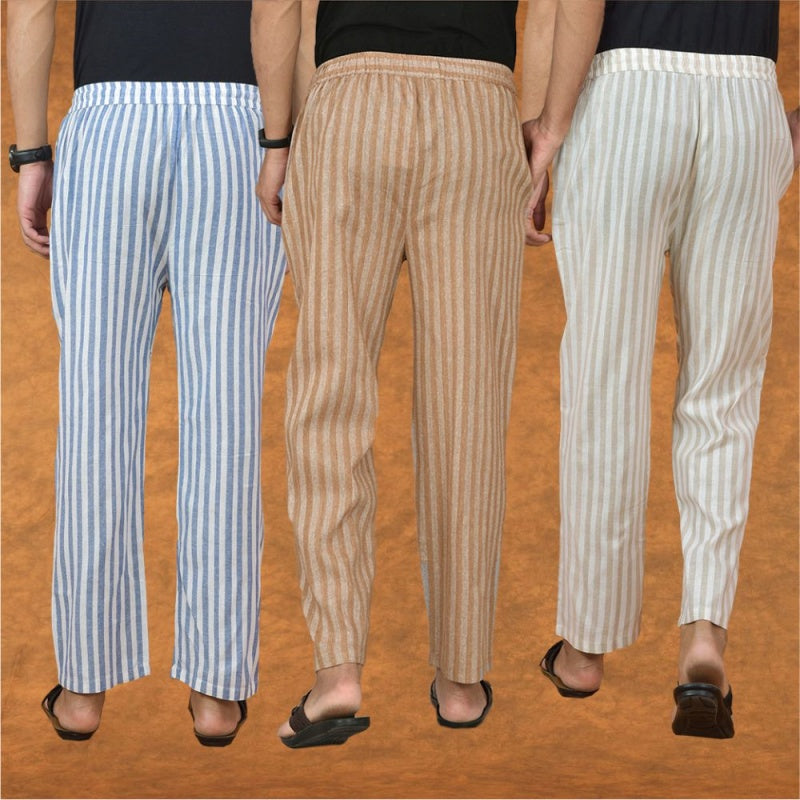 COMBO OF 3 MEN STRIPE COTTON HANDLOOM PANT BEIGE BEIGE AND BLUE-15217