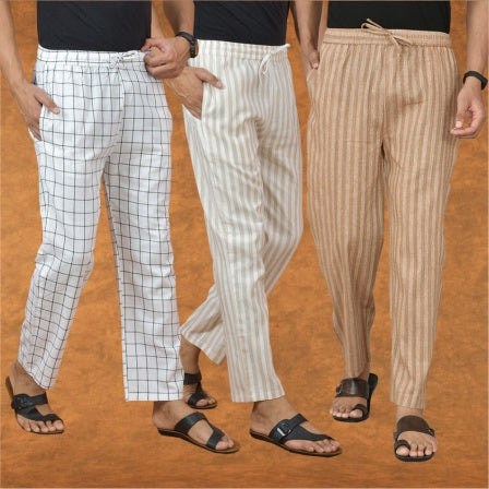 COMBO OF 3 MEN STRIPE COTTON HANDLOOM PANT BEIGE BEIGE AND WHITE-15272
